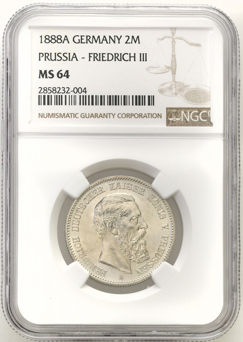 Niemcy, Prusy. 2 marki 1888 A, Berlin NGC MS64 - WYŚMIENITE